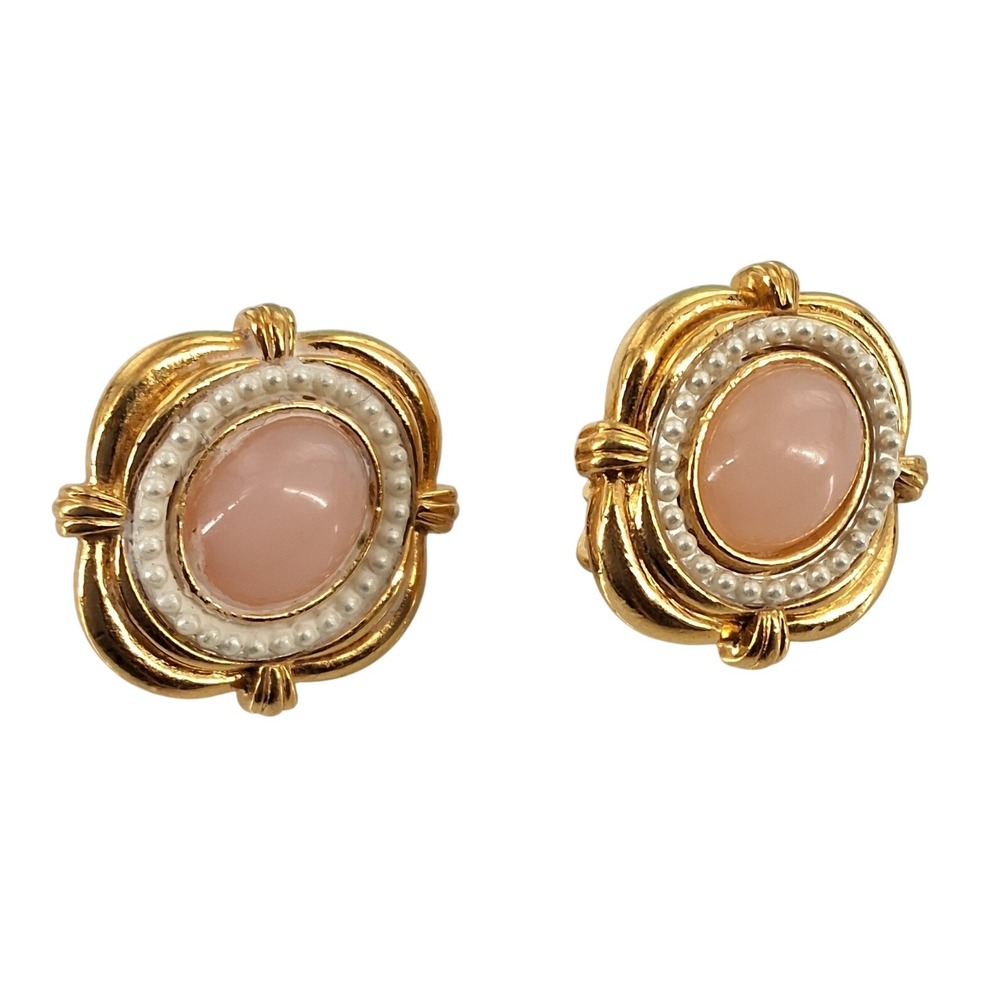 Liz Claiborne Vintage 90s Pink Cabochon Faux Pearl Halo Clip On Earrings‎
